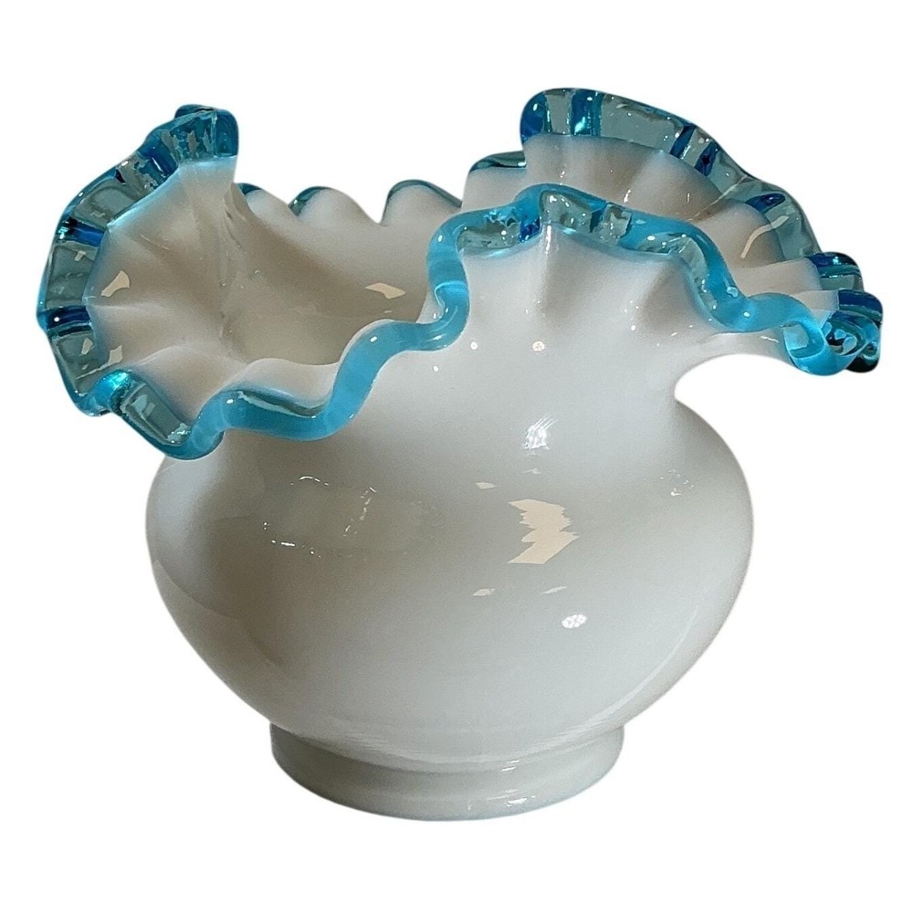 Vintage Fenton Milk Glass Vase White with Turquoise Blue Ruffled Crest Rim